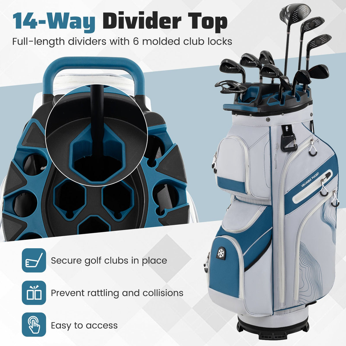 Molded Lock Top Golf Cart Bag with 14-Way Full Length Dividers and 11 Pockets, photo 20 of 36