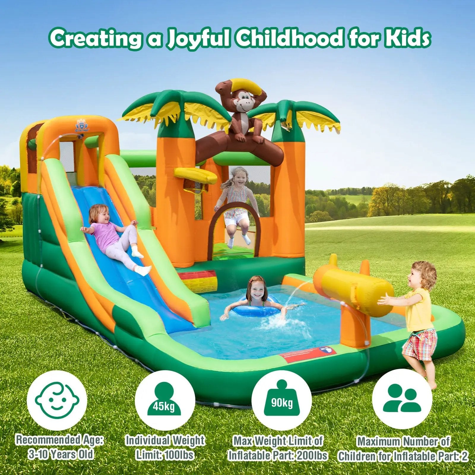 Monkey-Themed Inflatable Water Slide with Jumping Area and Pool with 680W Blower by DirectDeals