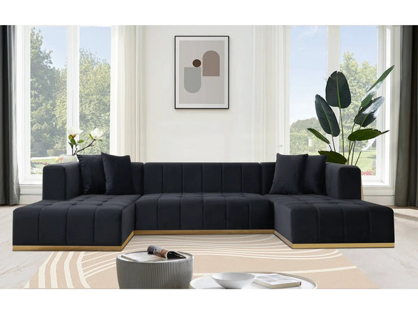 Montecito Black Velvet Double Chaise "U" Shape Sectional Sofa