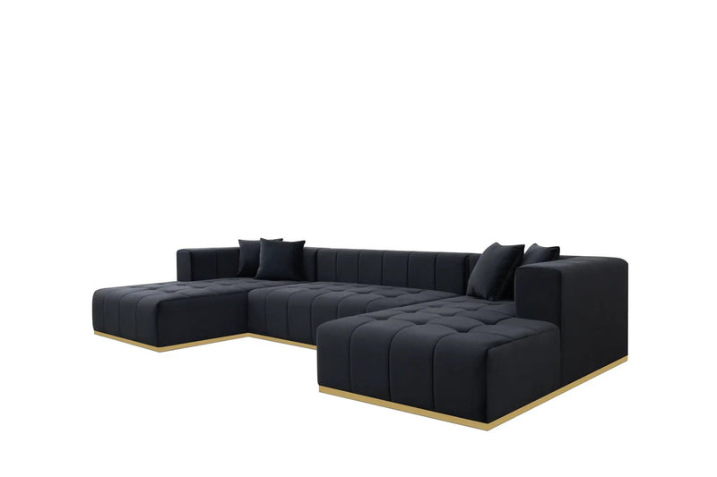 Montecito Black Velvet Double Chaise "U" Shape Sectional Sofa by Ornate Furniture