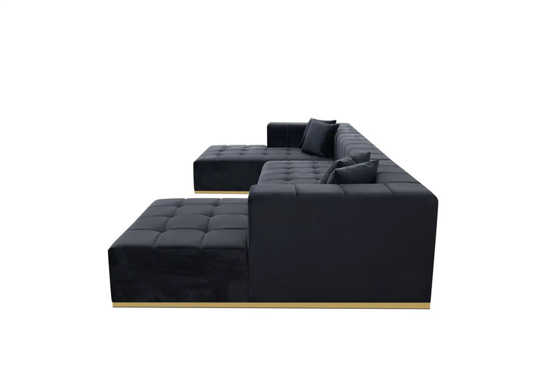 Montecito Black Velvet Double Chaise "U" Shape Sectional Sofa by Ornate Furniture