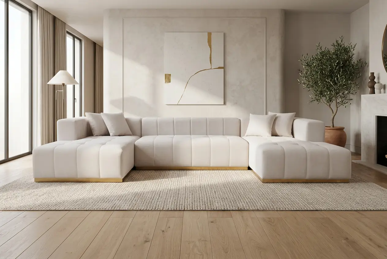 Montecito Ivory Velvet Double Chaise "U" Shape Sectional Sofa by Ornate Furniture