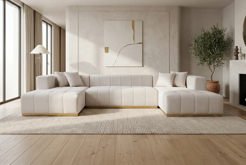 Montecito Ivory Velvet Double Chaise "U" Shape Sectional Sofa by Ornate Furniture