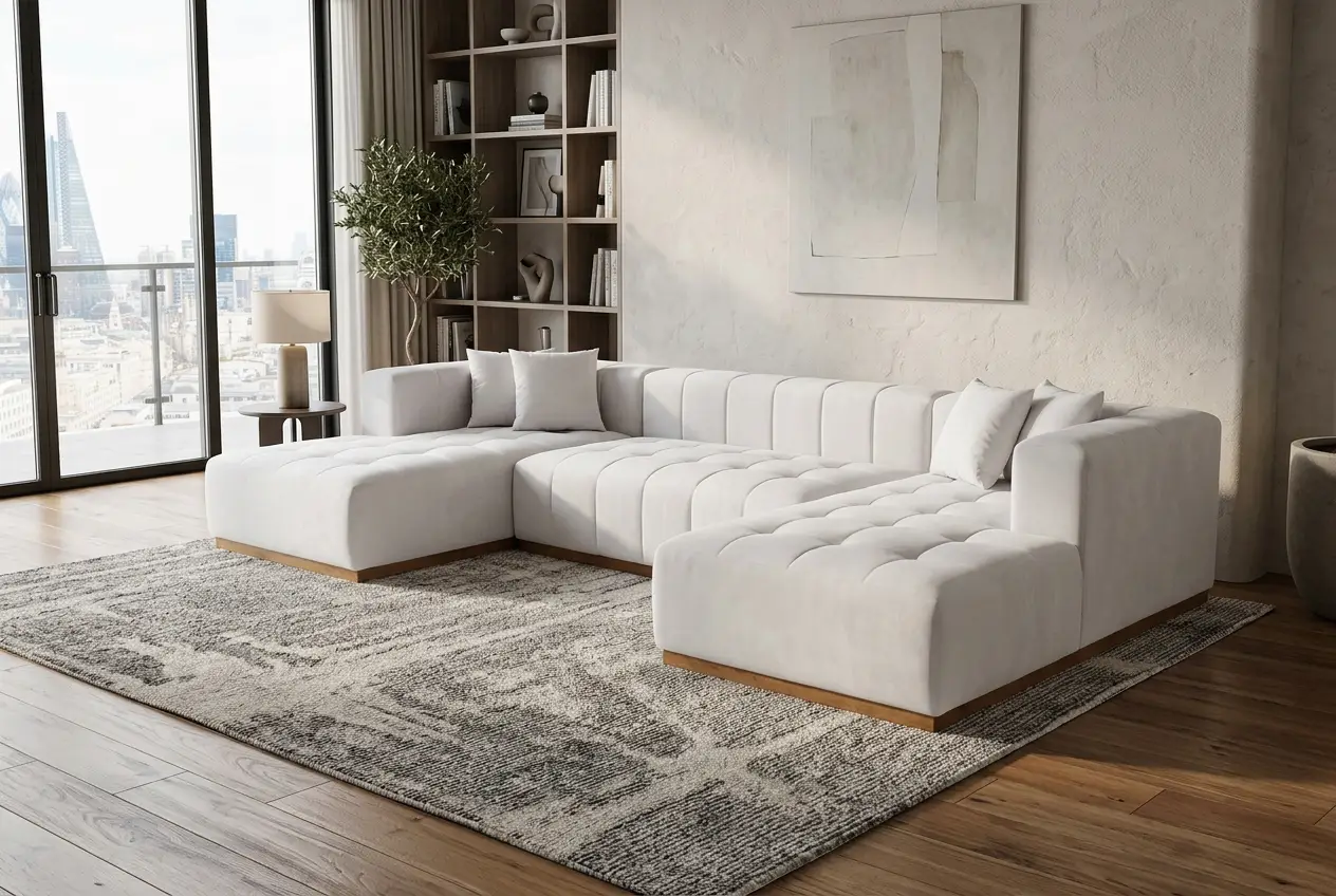 Montecito Ivory Velvet Double Chaise "U" Shape Sectional Sofa by Ornate Furniture