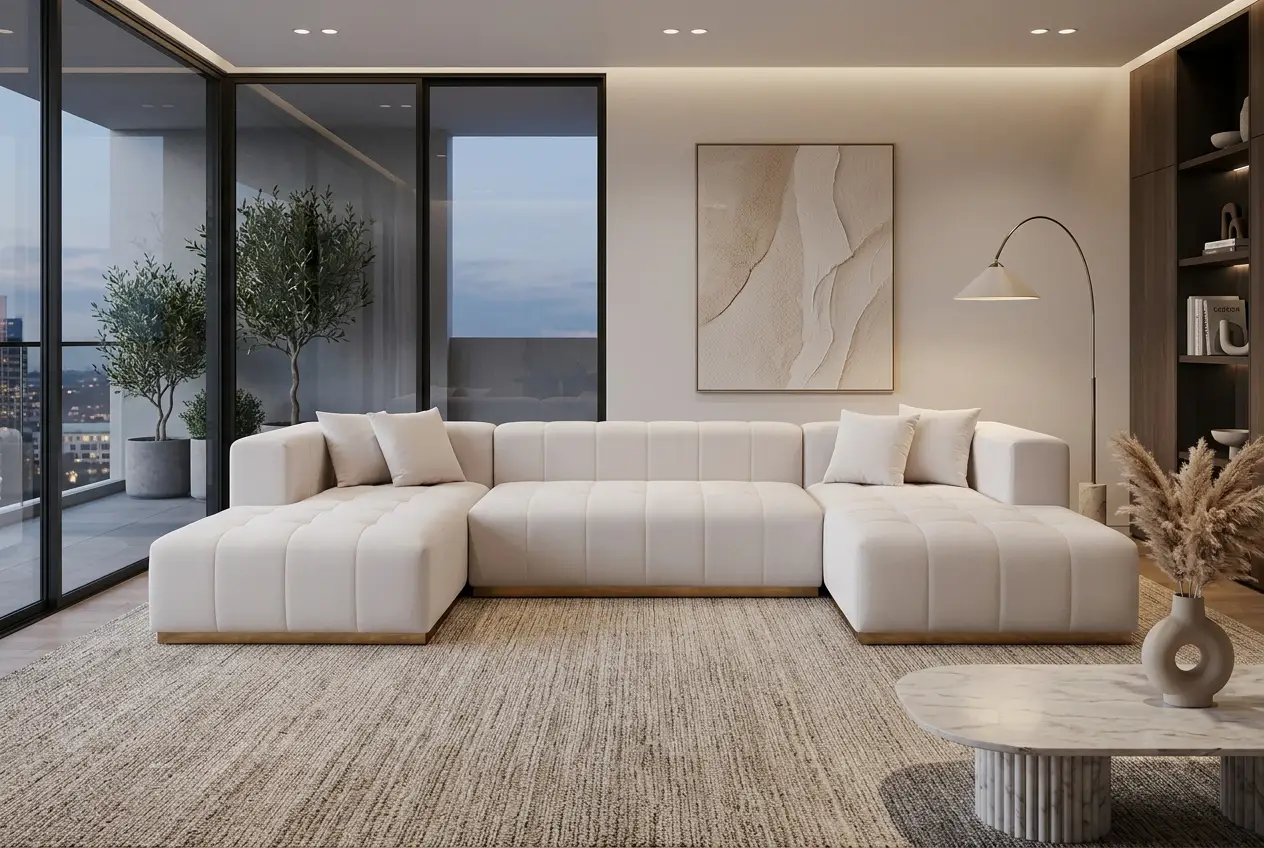 Montecito Ivory Velvet Double Chaise "U" Shape Sectional Sofa by Ornate Furniture
