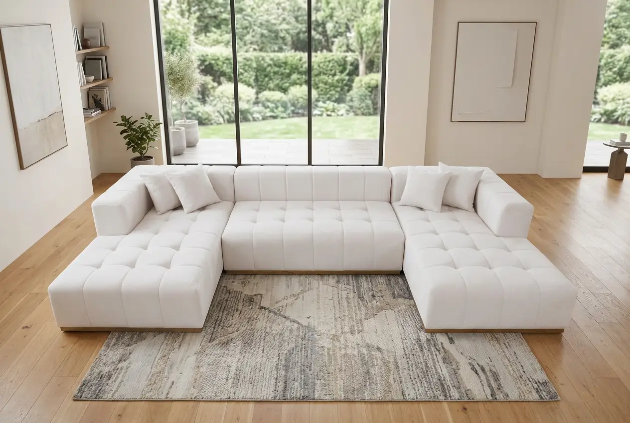 Montecito Ivory Velvet Double Chaise "U" Shape Sectional Sofa by Ornate Furniture
