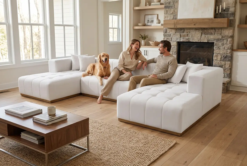 Montecito Ivory Velvet Double Chaise "U" Shape Sectional Sofa by Ornate Furniture