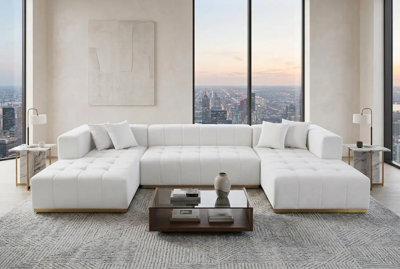 Montecito Ivory Velvet Double Chaise "U" Shape Sectional Sofa by Ornate Furniture