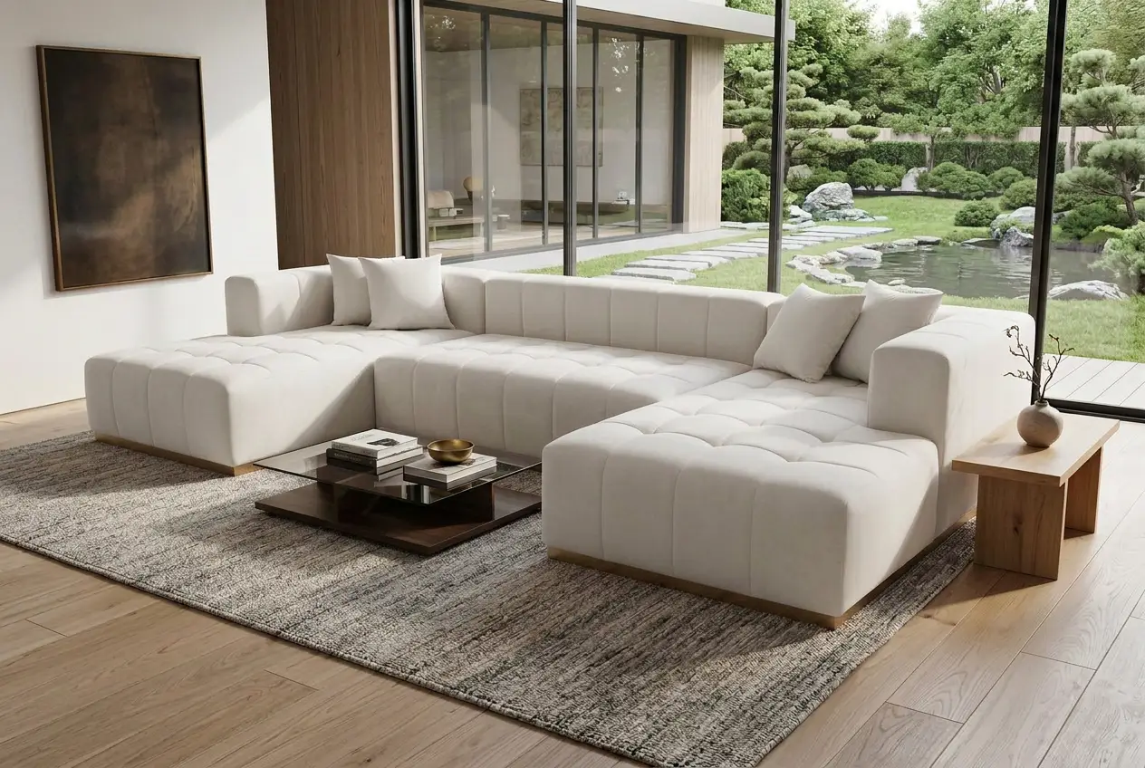Montecito Ivory Velvet Double Chaise "U" Shape Sectional Sofa by Ornate Furniture