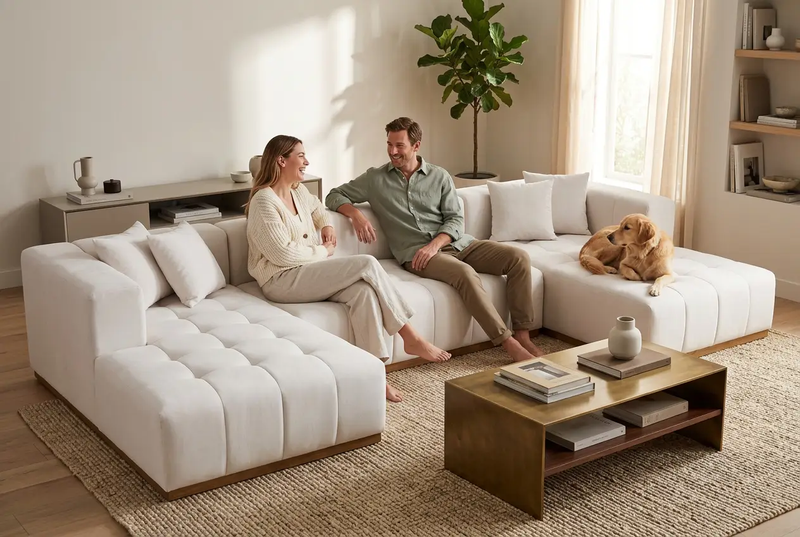 Montecito Ivory Velvet Double Chaise "U" Shape Sectional Sofa by Ornate Furniture