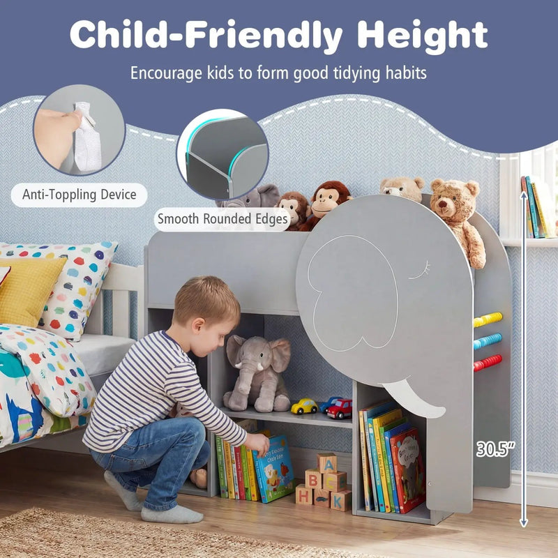 Montessori Bookshelf with Elephant Shape 3-Tier Toddler Toy Storage Organizer-Grey by DirectDeals