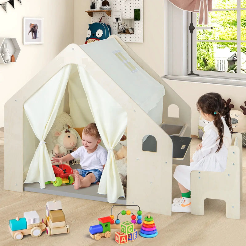 Montessori Style Indoor Playhouse with Storage Bin and Floor Mat for Toddlers Aged 2-6 Years Old-Beige by DirectDeals