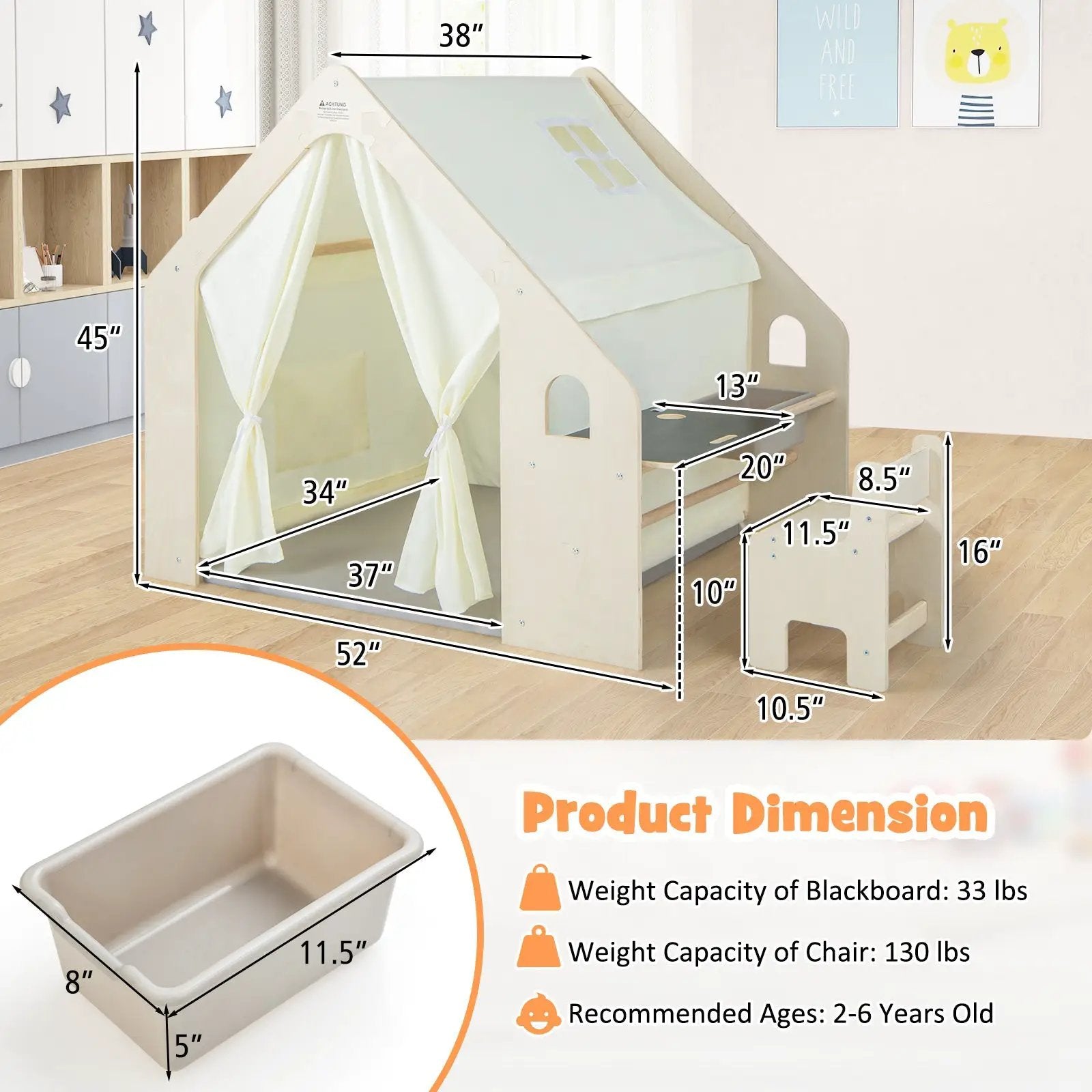 Montessori Style Indoor Playhouse with Storage Bin and Floor Mat for Toddlers Aged 2-6 Years Old-Beige by DirectDeals