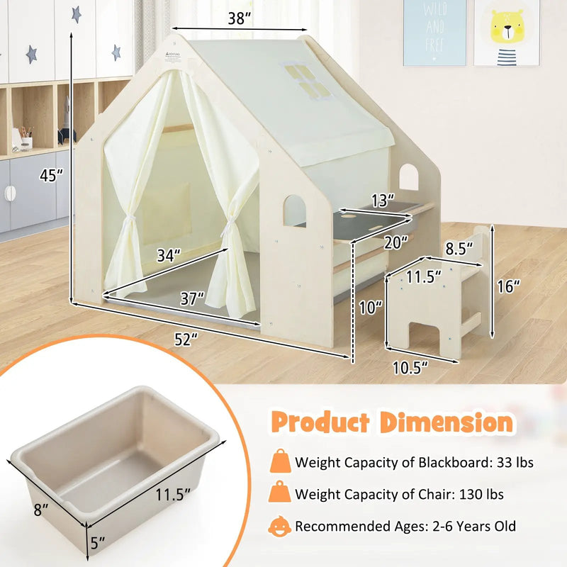 Montessori Style Indoor Playhouse with Storage Bin and Floor Mat for Toddlers Aged 2-6 Years Old-Beige by DirectDeals