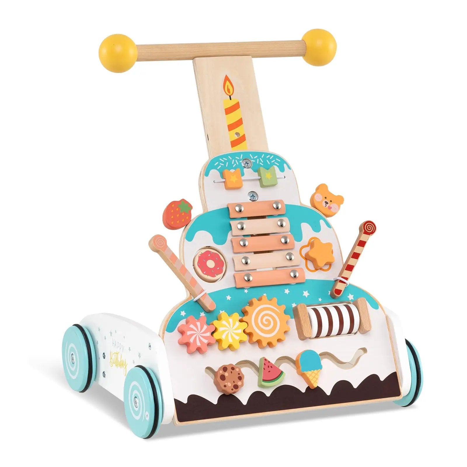 Wooden Baby Walker with Adjustable Heights and Smooth Wheels-White by DirectDeals
