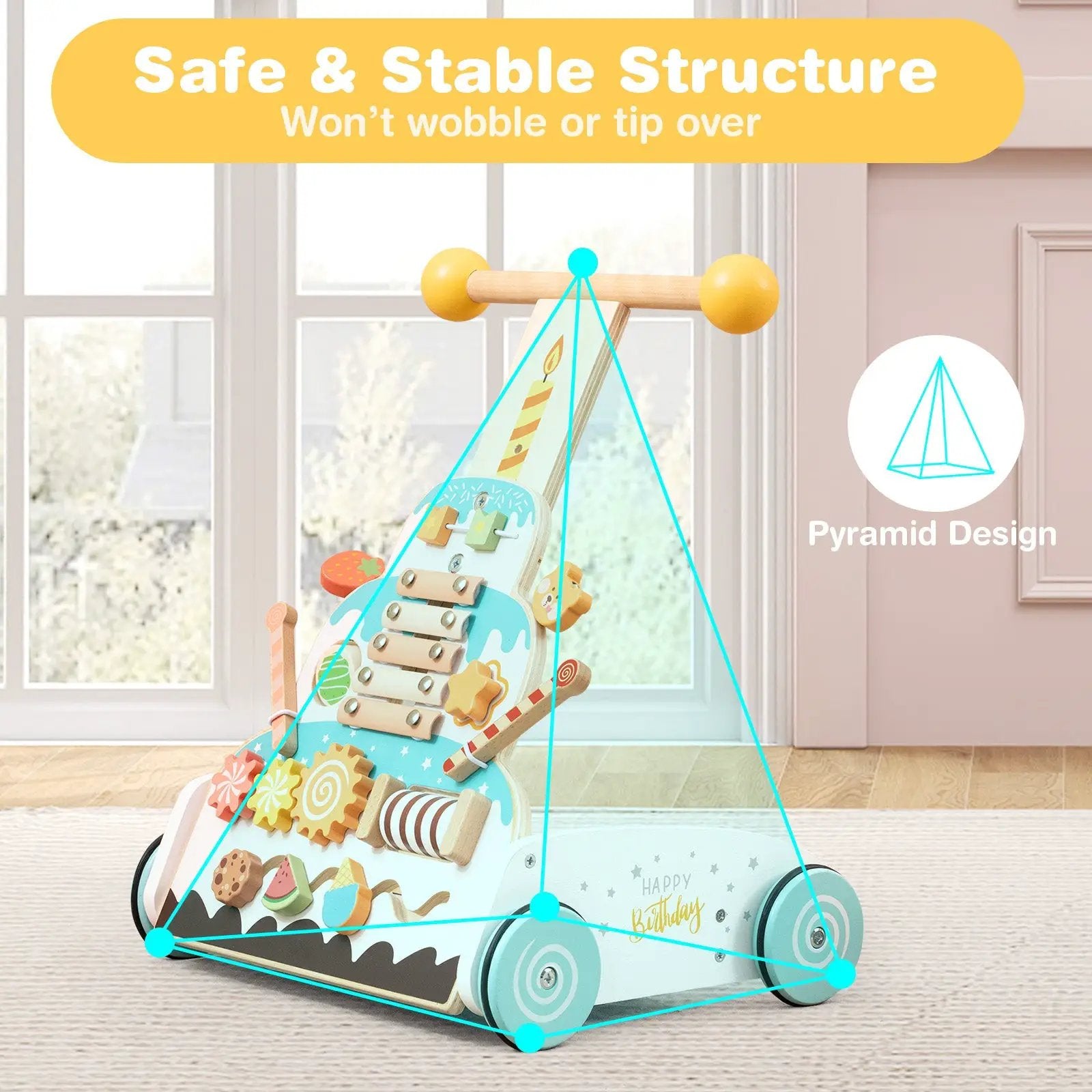 Wooden Baby Walker with Adjustable Heights and Smooth Wheels-White by DirectDeals