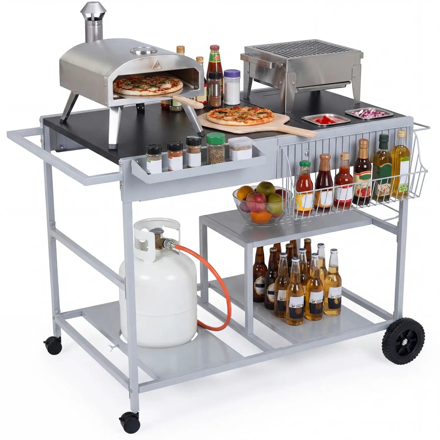 Movable Grill Table with 2 Spice Containers and Station for Backyard and BBQ by DirectDeals