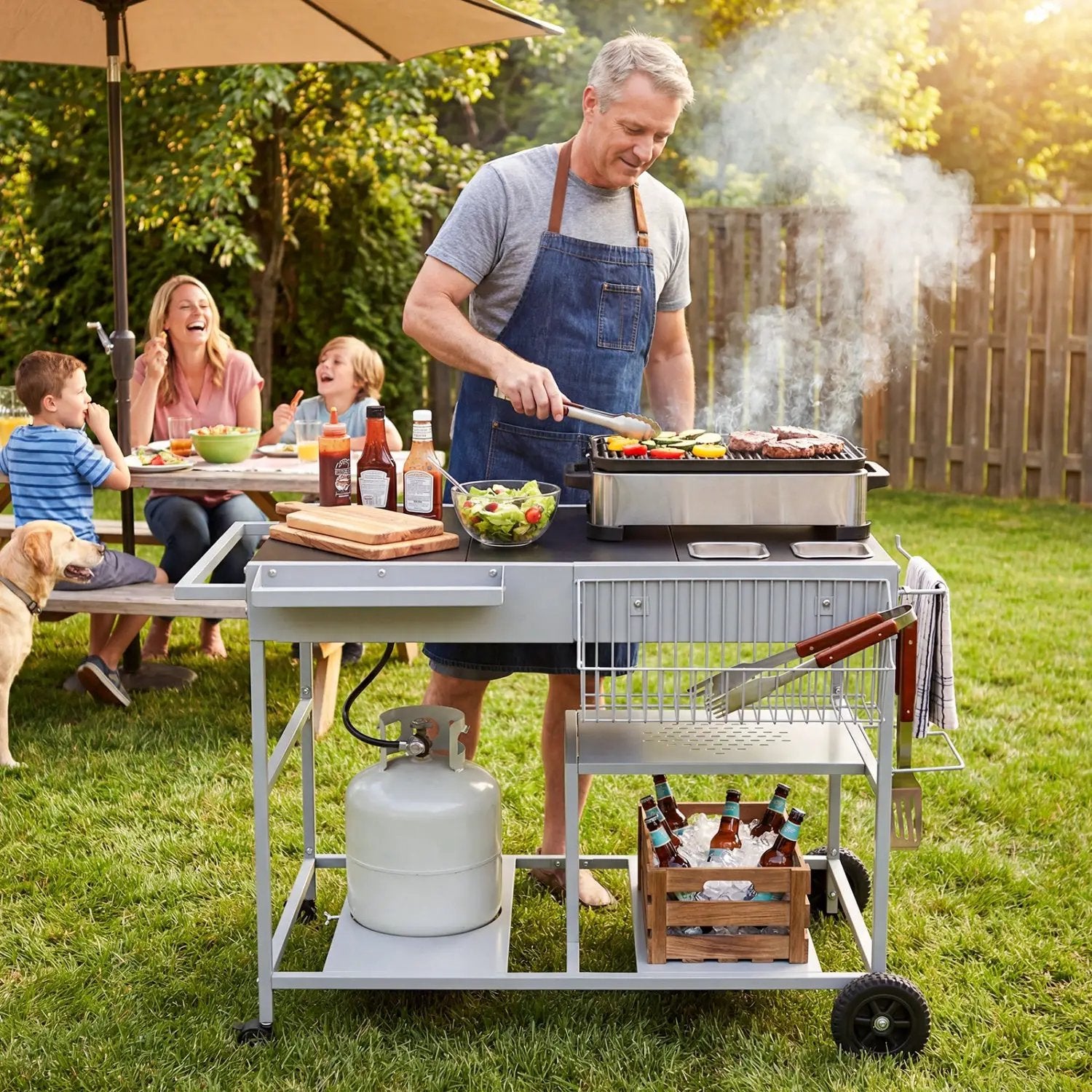 Movable Grill Table with 2 Spice Containers and Station for Backyard and BBQ by DirectDeals