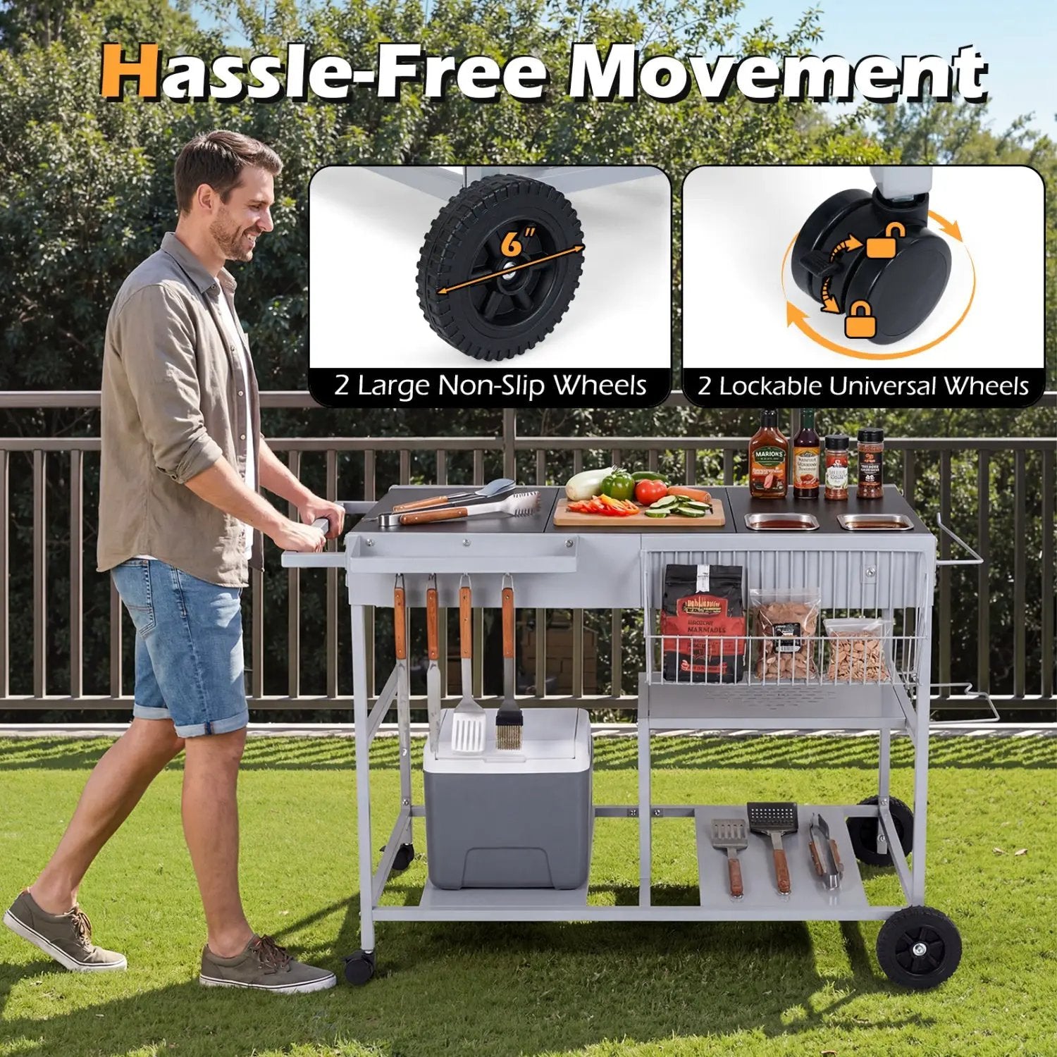 Movable Grill Table with 2 Spice Containers and Station for Backyard and BBQ by DirectDeals