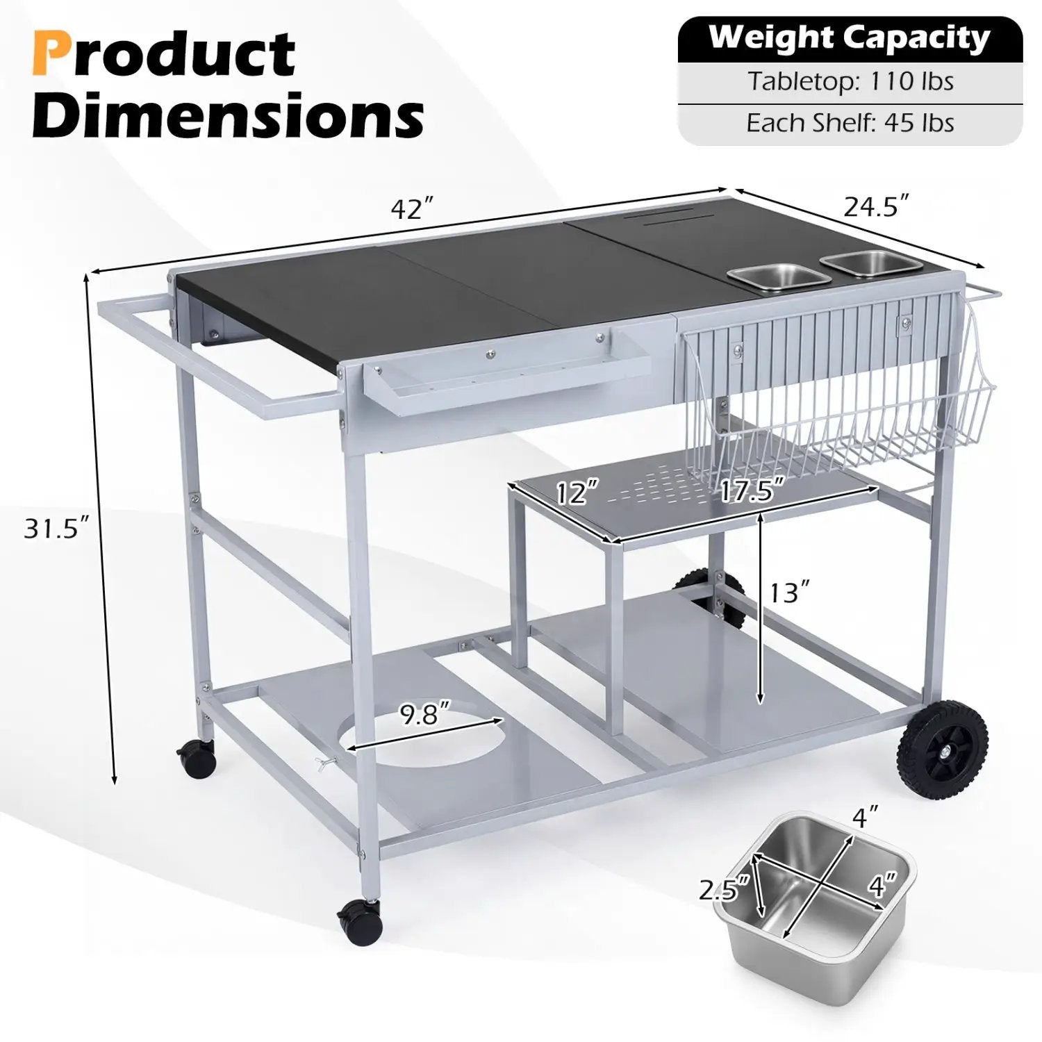 Movable Grill Table with 2 Spice Containers and Station for Backyard and BBQ by DirectDeals