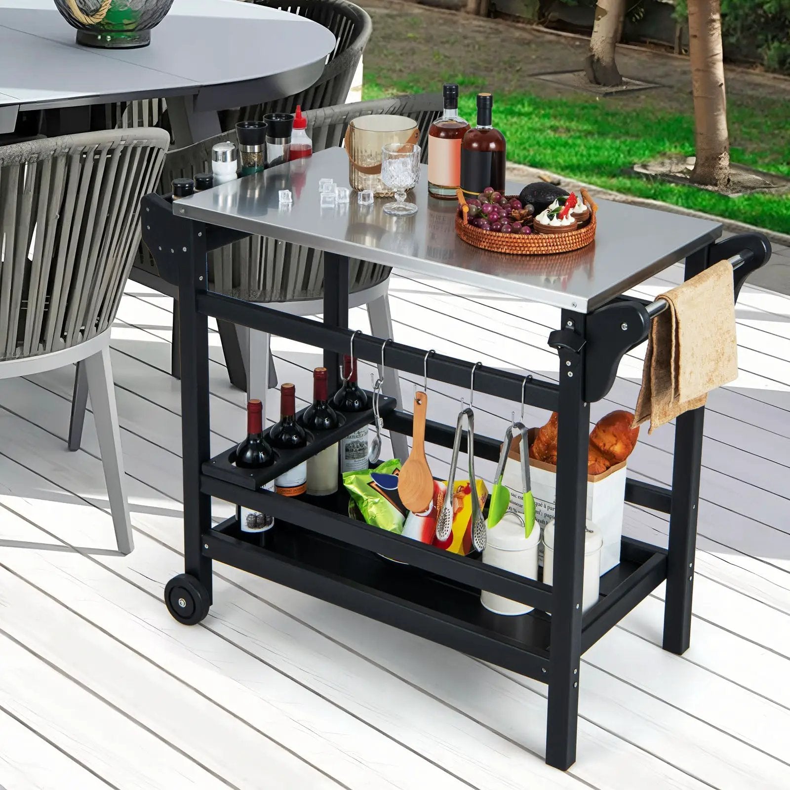 Movable Outdoor Dining Cart Table HDPE Pizza Oven Stand Table with Stainless Steel Tabletop-Black by DirectDeals