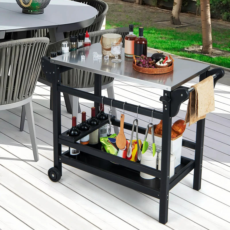 Movable Outdoor Dining Cart Table HDPE Pizza Oven Stand Table with Stainless Steel Tabletop-Black by DirectDeals