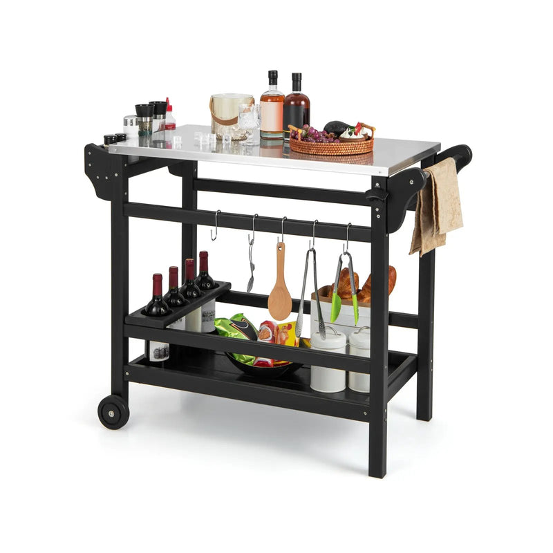 Movable Outdoor Dining Cart Table HDPE Pizza Oven Stand Table with Stainless Steel Tabletop-Black by DirectDeals