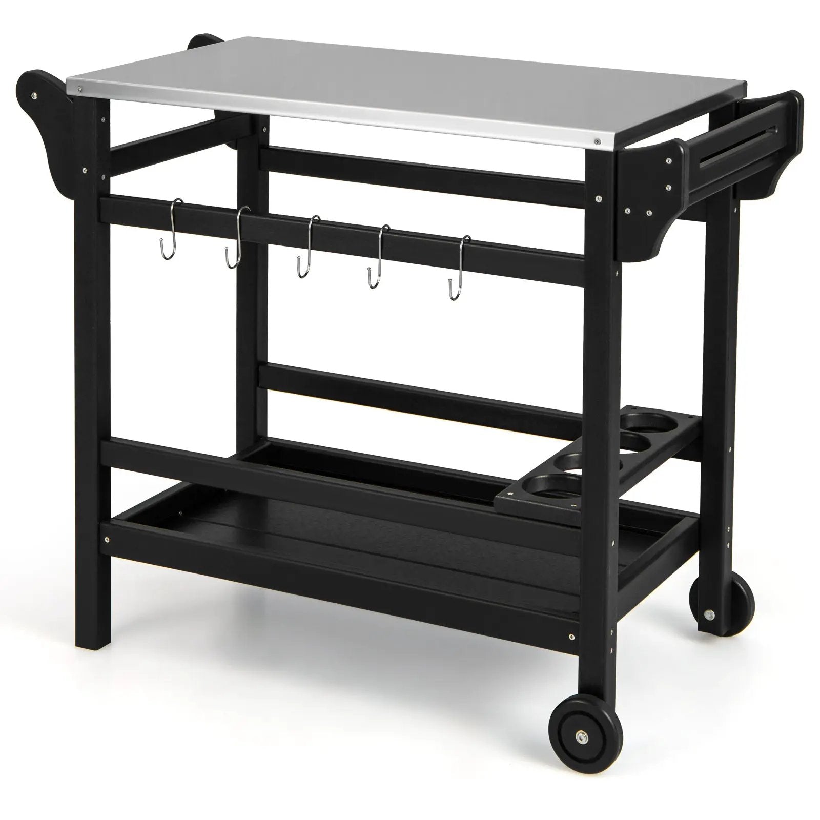 Movable Outdoor Dining Cart Table HDPE Pizza Oven Stand Table with Stainless Steel Tabletop-Black by DirectDeals