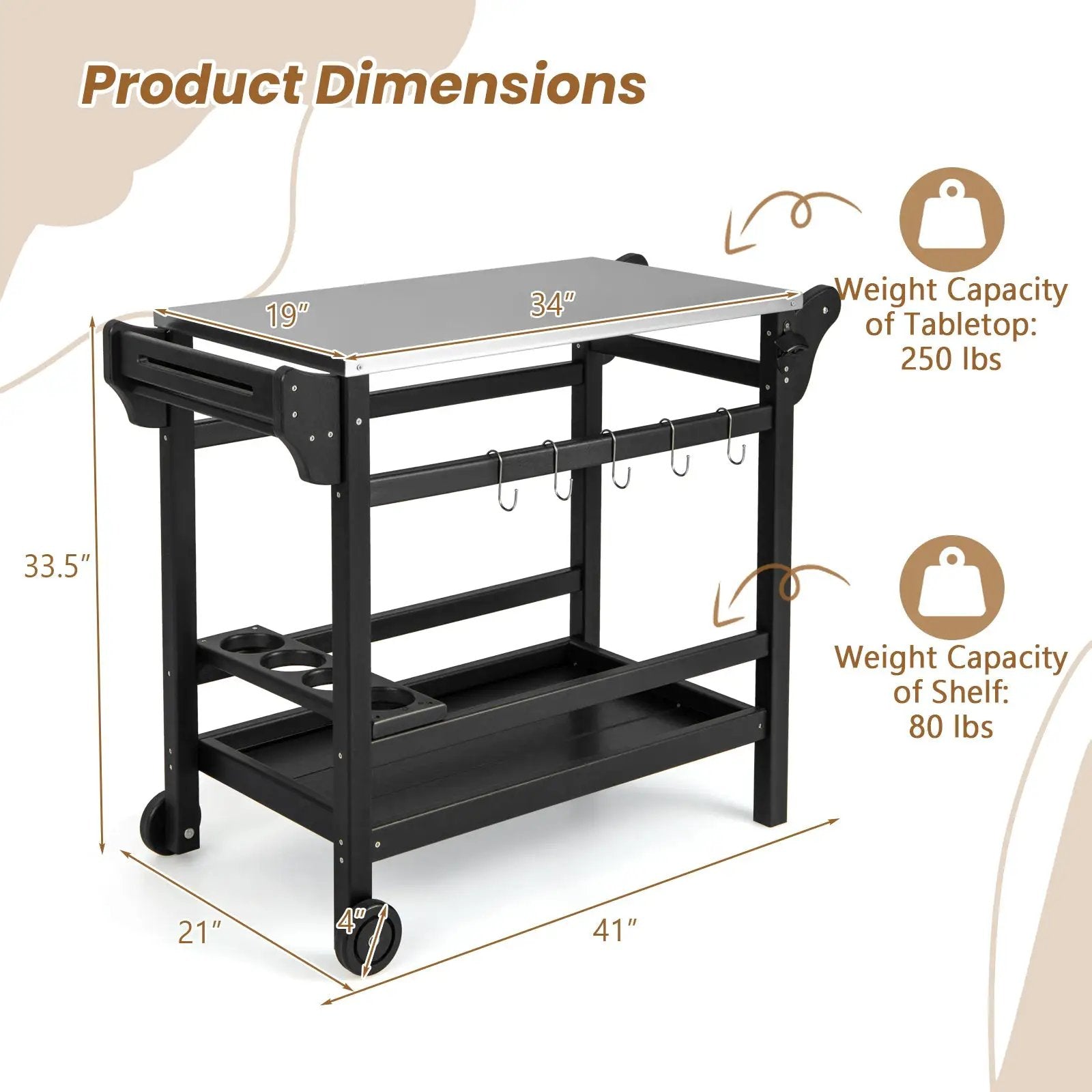 Movable Outdoor Dining Cart Table HDPE Pizza Oven Stand Table with Stainless Steel Tabletop-Black by DirectDeals