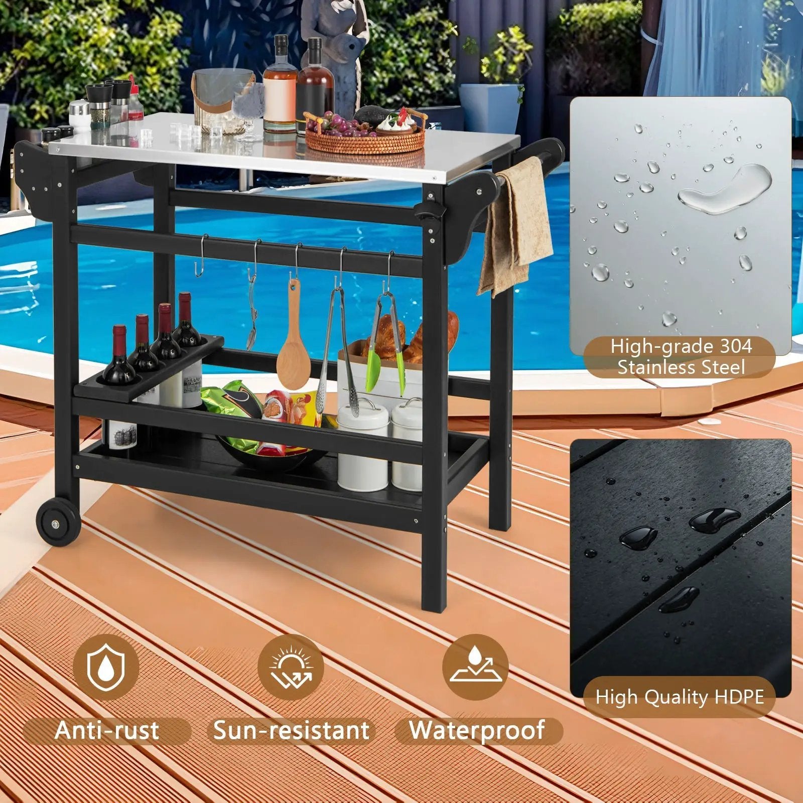 Movable Outdoor Dining Cart Table HDPE Pizza Oven Stand Table with Stainless Steel Tabletop-Black by DirectDeals