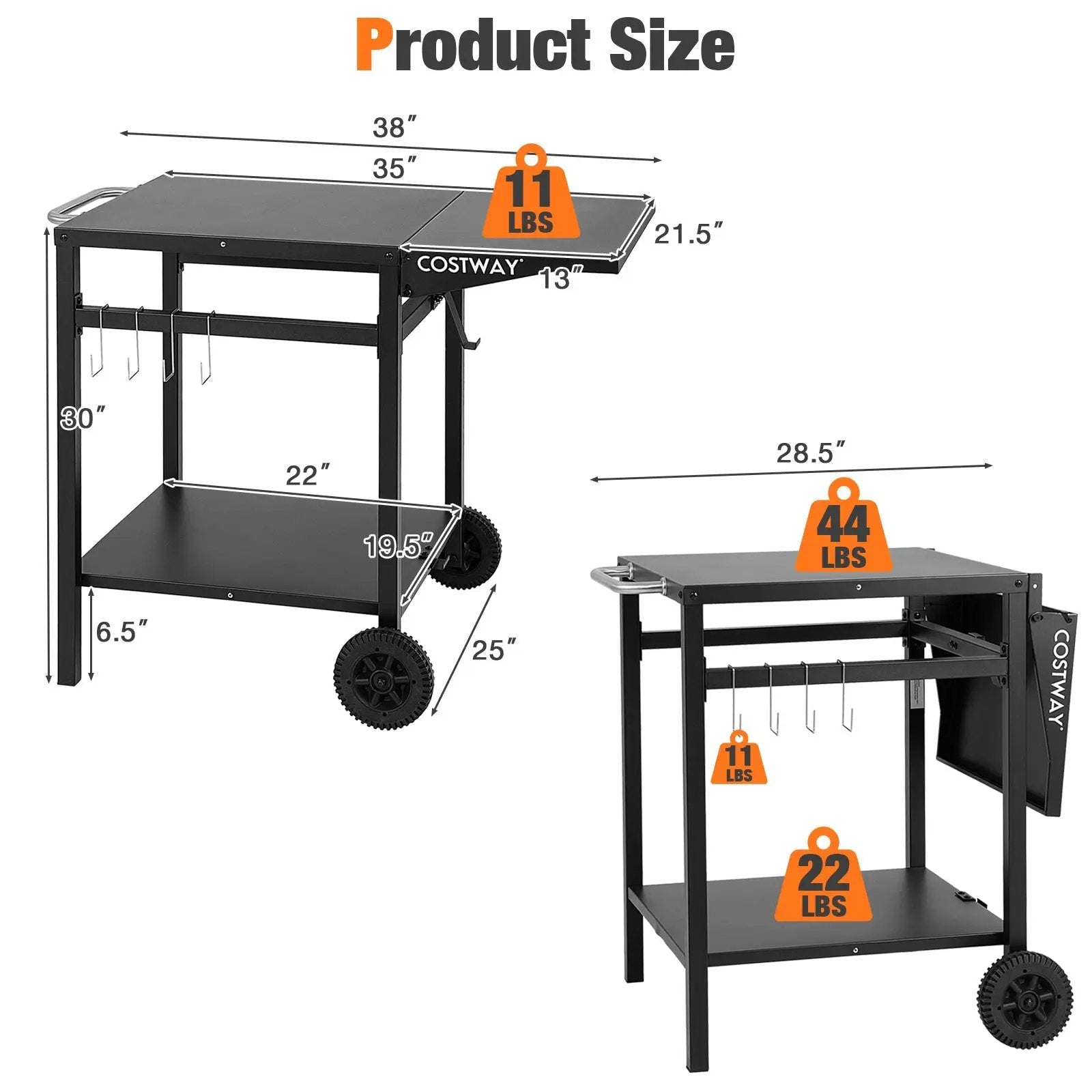 Movable Outdoor Grill Cart with Folding Tabletop and Hooks-Black by DirectDeals