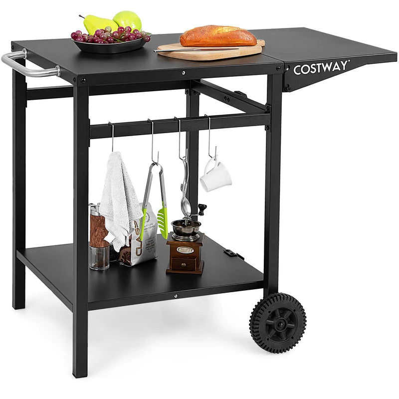 Movable Outdoor Grill Cart with Folding Tabletop and Hooks-Black by DirectDeals