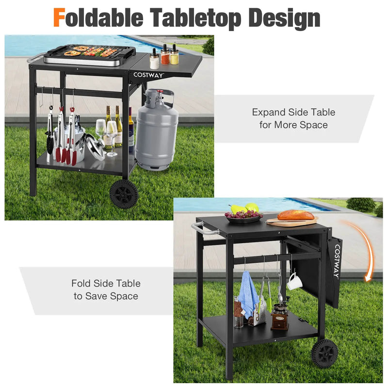 Movable Outdoor Grill Cart with Folding Tabletop and Hooks-Black by DirectDeals