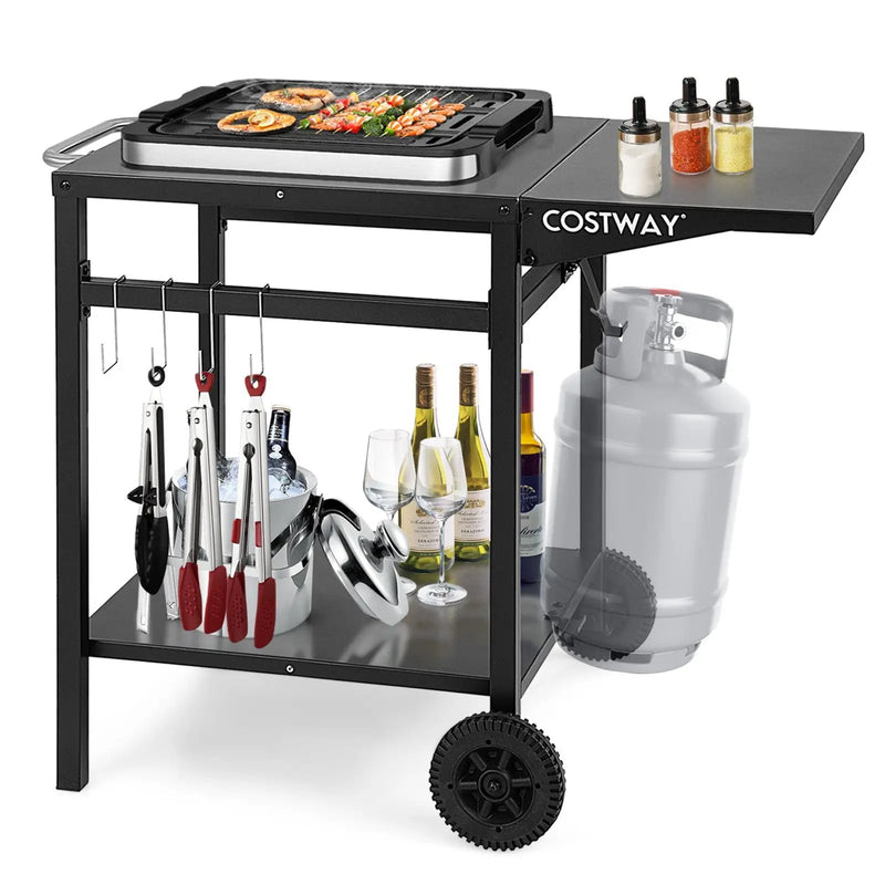 Movable Outdoor Grill Cart with Folding Tabletop and Hooks-Black by DirectDeals