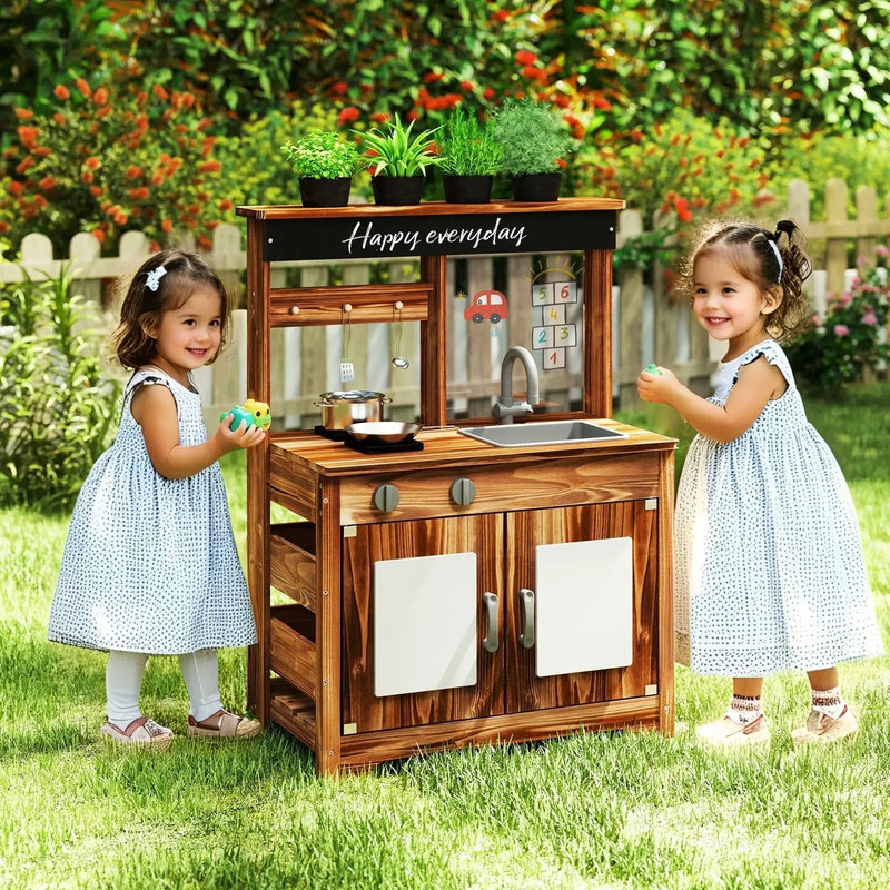 Mud Kitchen Fir Wood Play Kitchen with 4 Panting Pots Faucet Removable Sink-Natural by DirectDeals