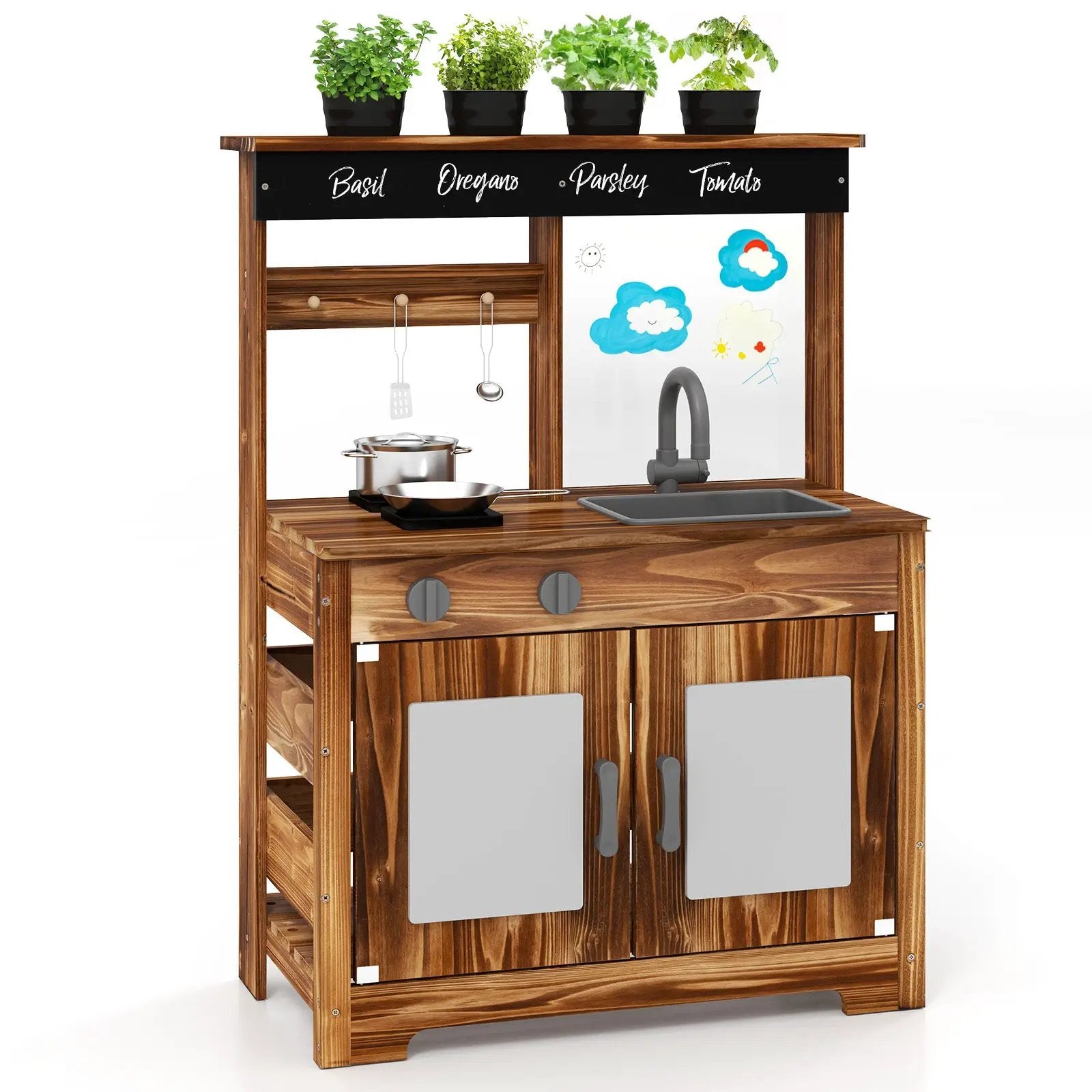 Mud Kitchen Fir Wood Play Kitchen with 4 Panting Pots Faucet Removable Sink-Natural by DirectDeals