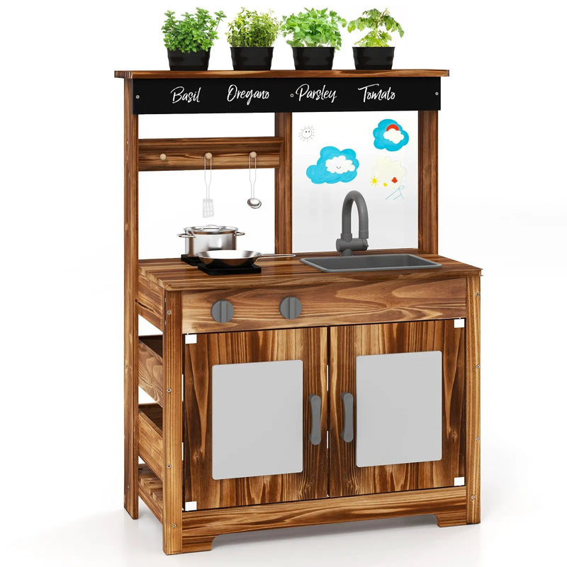 Mud Kitchen Fir Wood Play Kitchen with 4 Panting Pots Faucet Removable Sink-Natural by DirectDeals
