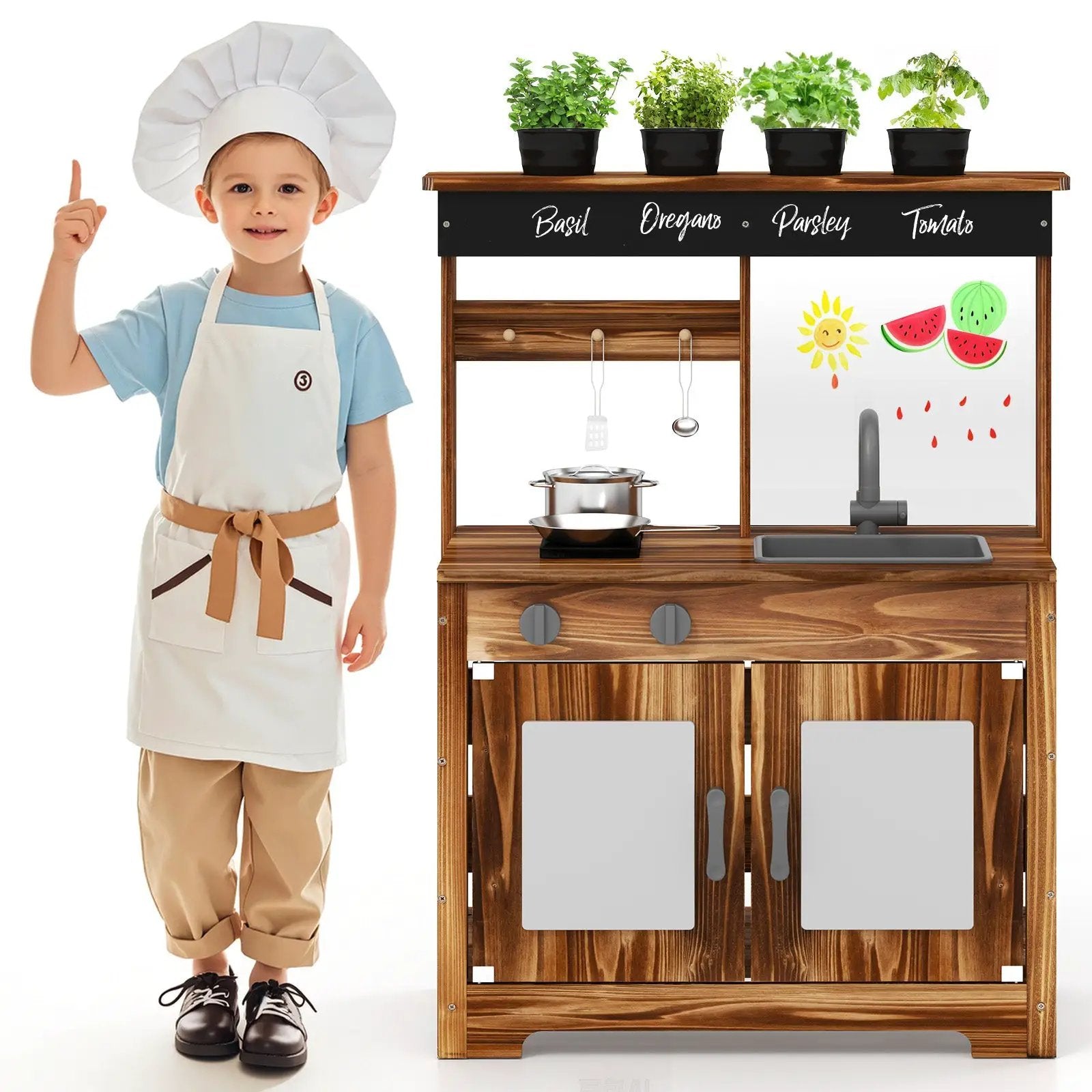 Mud Kitchen Fir Wood Play Kitchen with 4 Panting Pots Faucet Removable Sink-Natural by DirectDeals