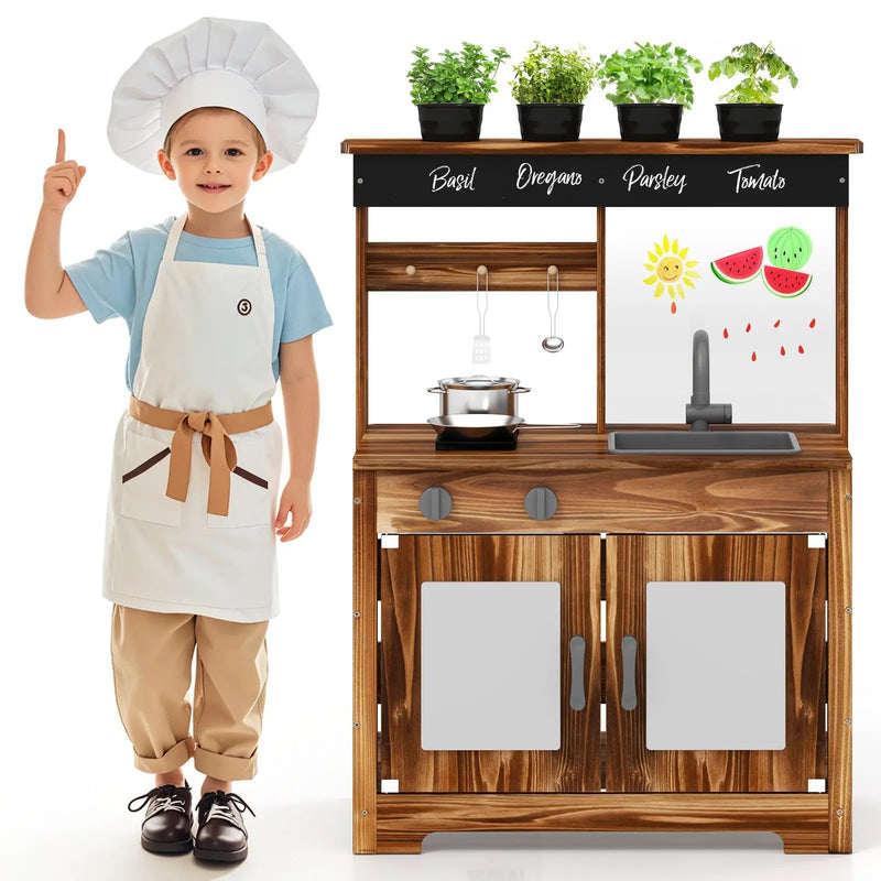 Mud Kitchen Fir Wood Play Kitchen with 4 Panting Pots Faucet Removable Sink-Natural by DirectDeals