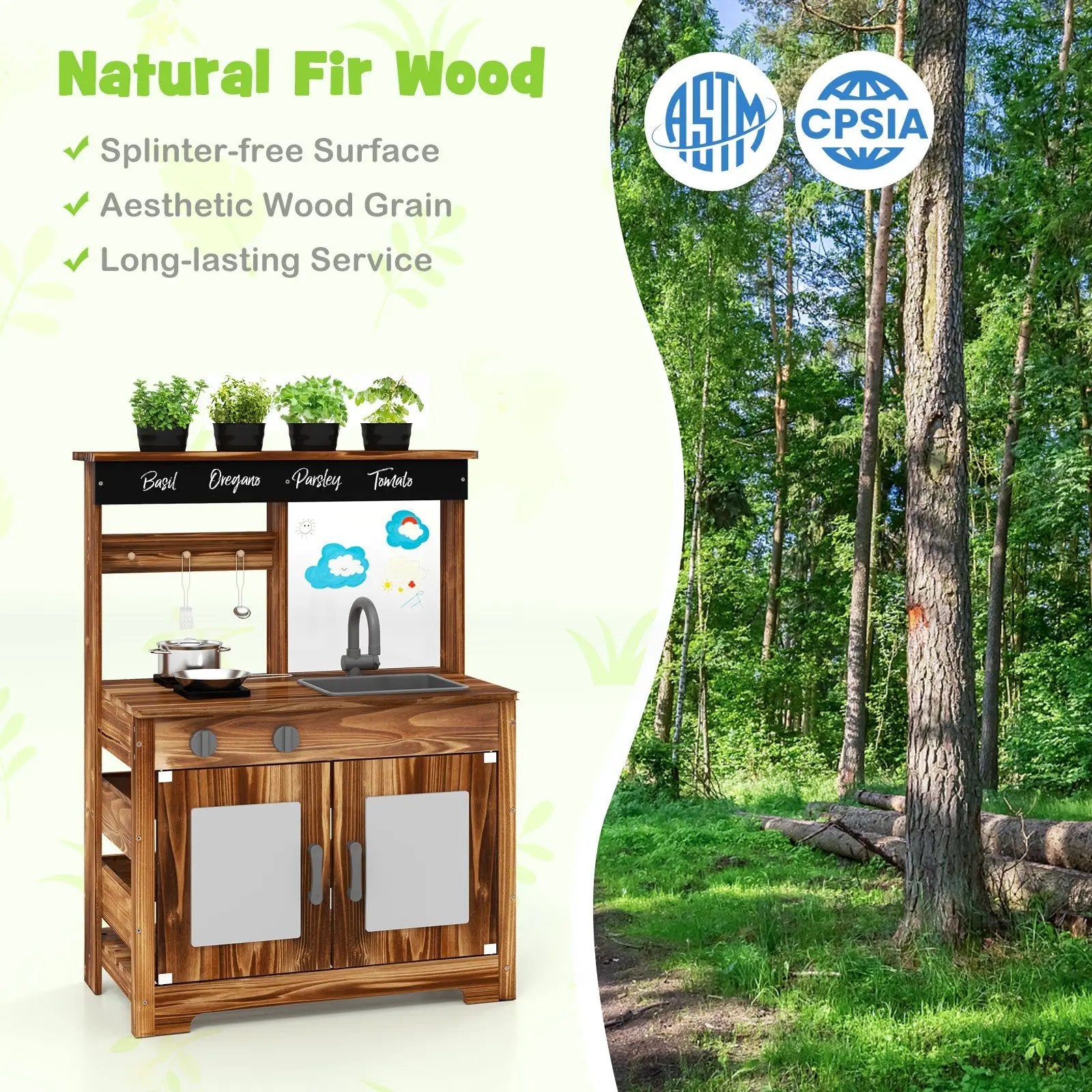Mud Kitchen Fir Wood Play Kitchen with 4 Panting Pots Faucet Removable Sink-Natural by DirectDeals