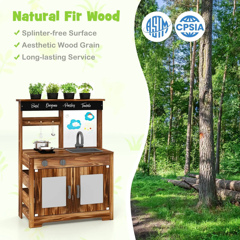 Mud Kitchen Fir Wood Play Kitchen with 4 Panting Pots Faucet Removable Sink-Natural by DirectDeals