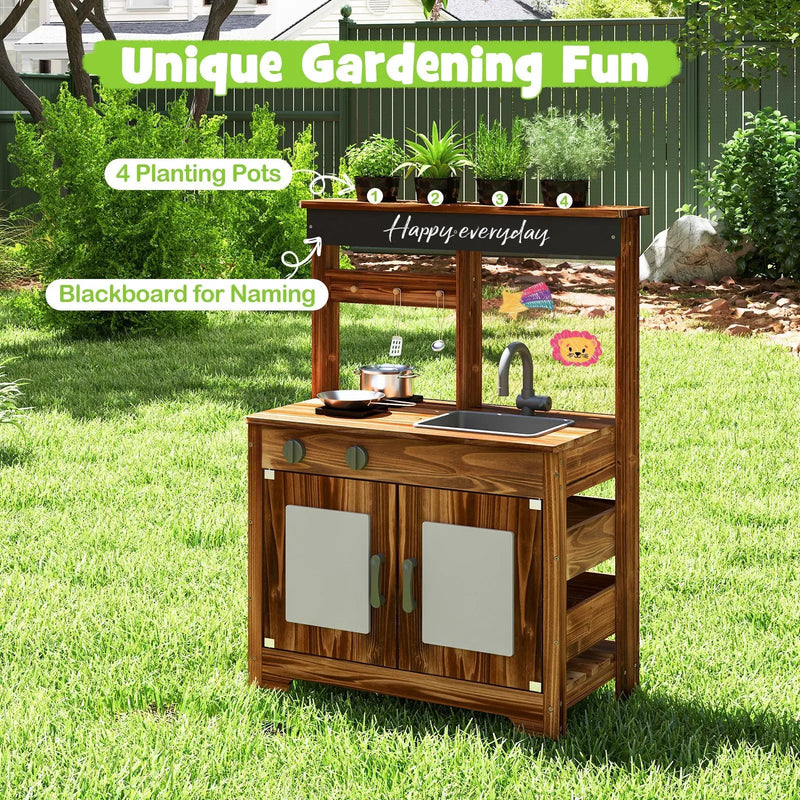 Mud Kitchen Fir Wood Play Kitchen with 4 Panting Pots Faucet Removable Sink-Natural by DirectDeals