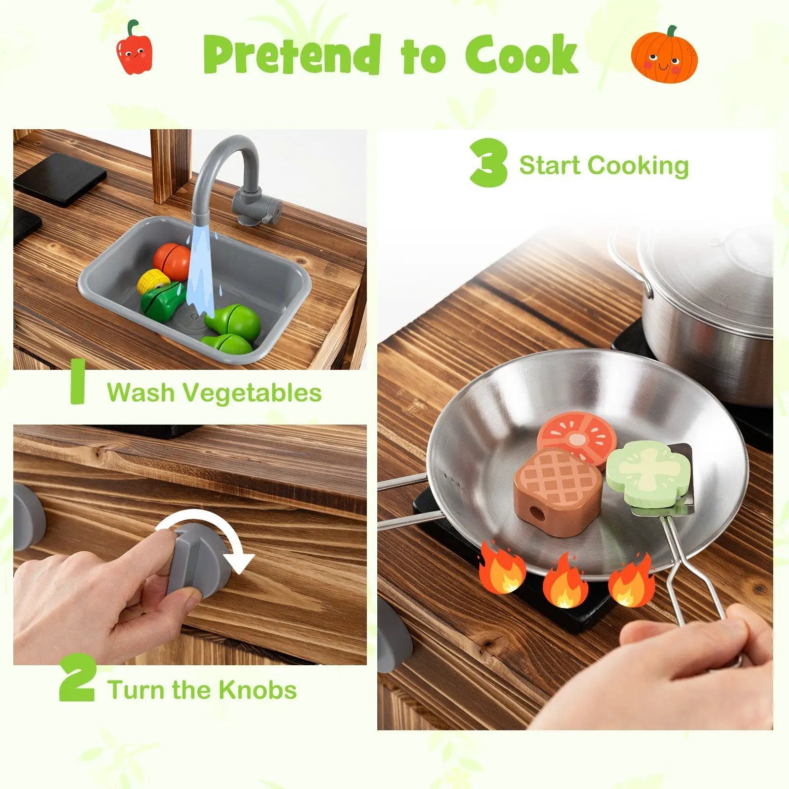 Mud Kitchen Fir Wood Play Kitchen with 4 Panting Pots Faucet Removable Sink-Natural by DirectDeals
