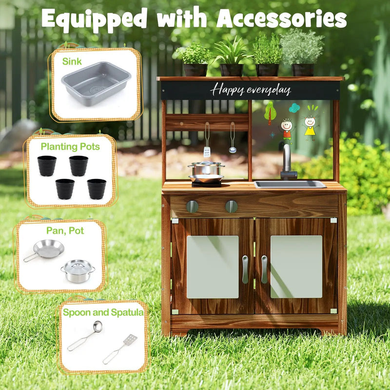 Mud Kitchen Fir Wood Play Kitchen with 4 Panting Pots Faucet Removable Sink-Natural by DirectDeals