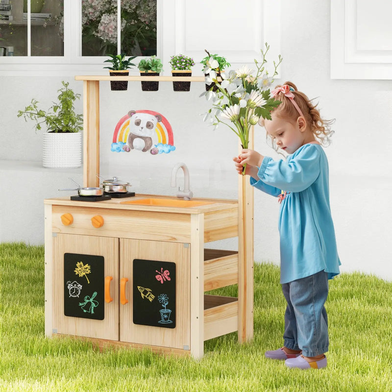 Kids Mud Kitchen Fir Wood Playset with Planting Pots and Blackboards-Natural by DirectDeals