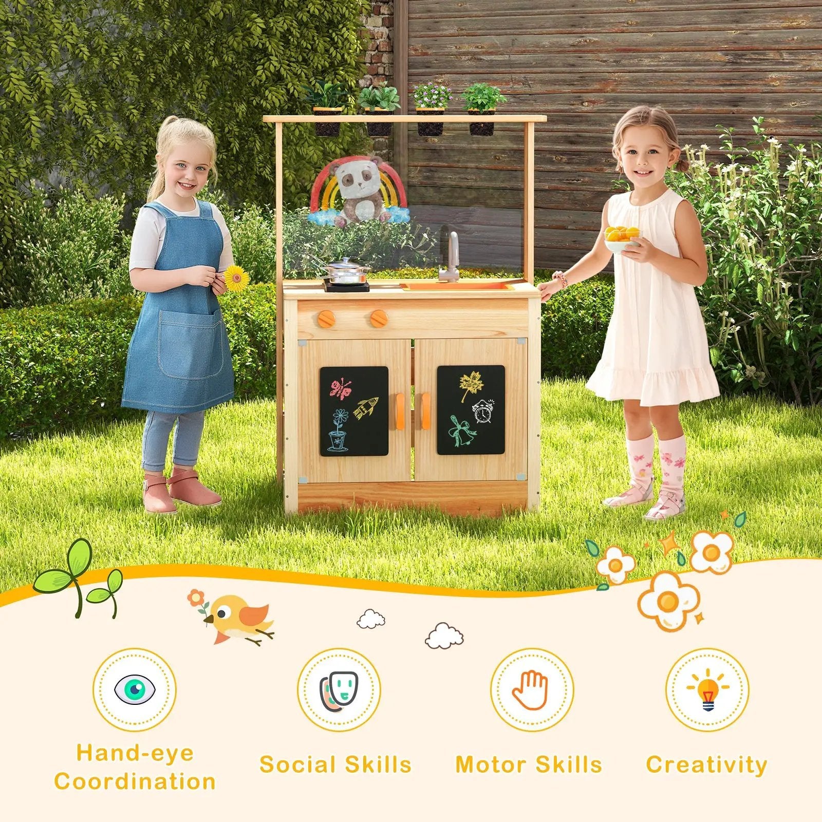Kids Mud Kitchen Fir Wood Playset with Planting Pots and Blackboards-Natural by DirectDeals