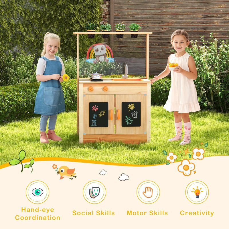 Kids Mud Kitchen Fir Wood Playset with Planting Pots and Blackboards-Natural by DirectDeals