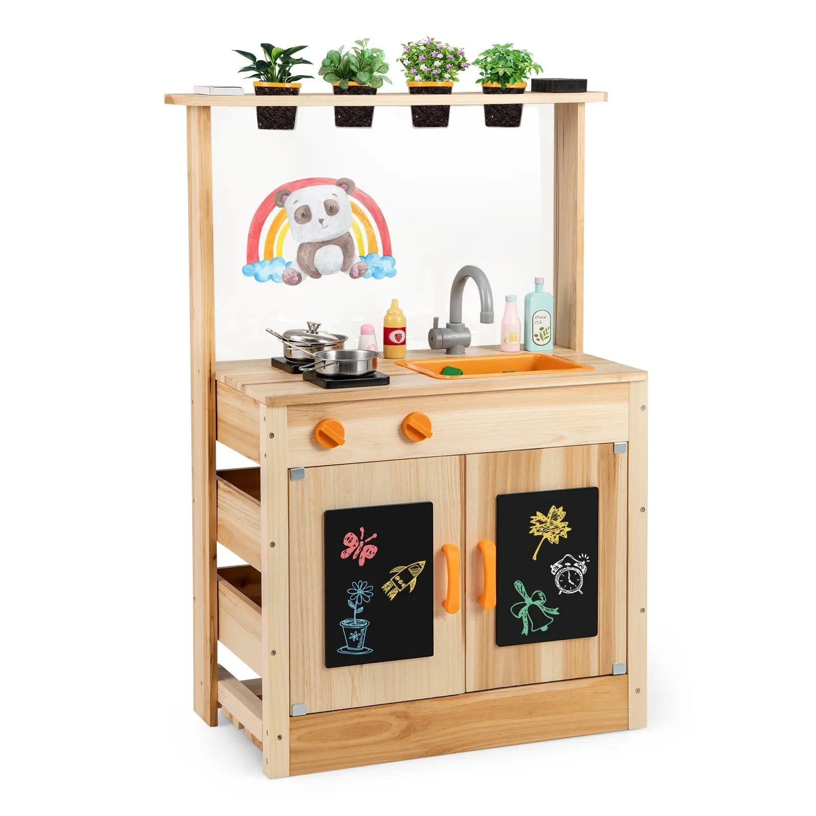 Kids Mud Kitchen Fir Wood Playset with Planting Pots and Blackboards-Natural by DirectDeals