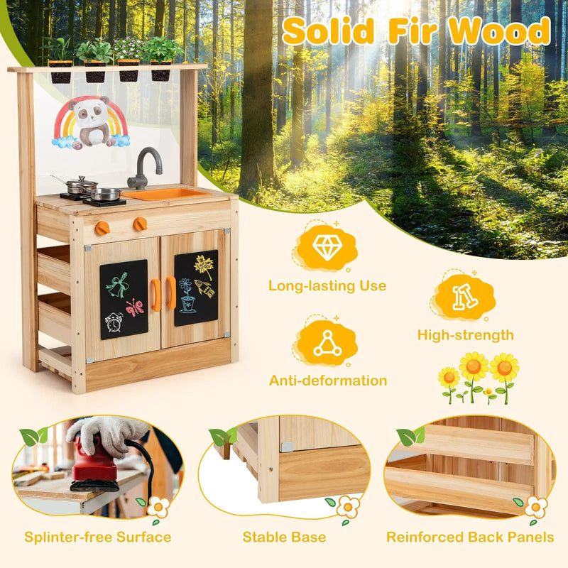Kids Mud Kitchen Fir Wood Playset with Planting Pots and Blackboards-Natural by DirectDeals