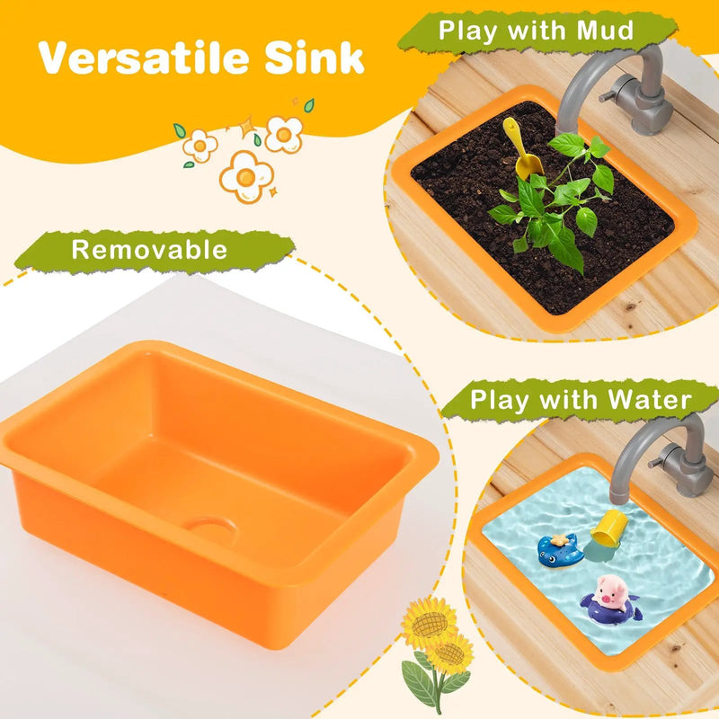 Kids Mud Kitchen Fir Wood Playset with Planting Pots and Blackboards-Natural by DirectDeals